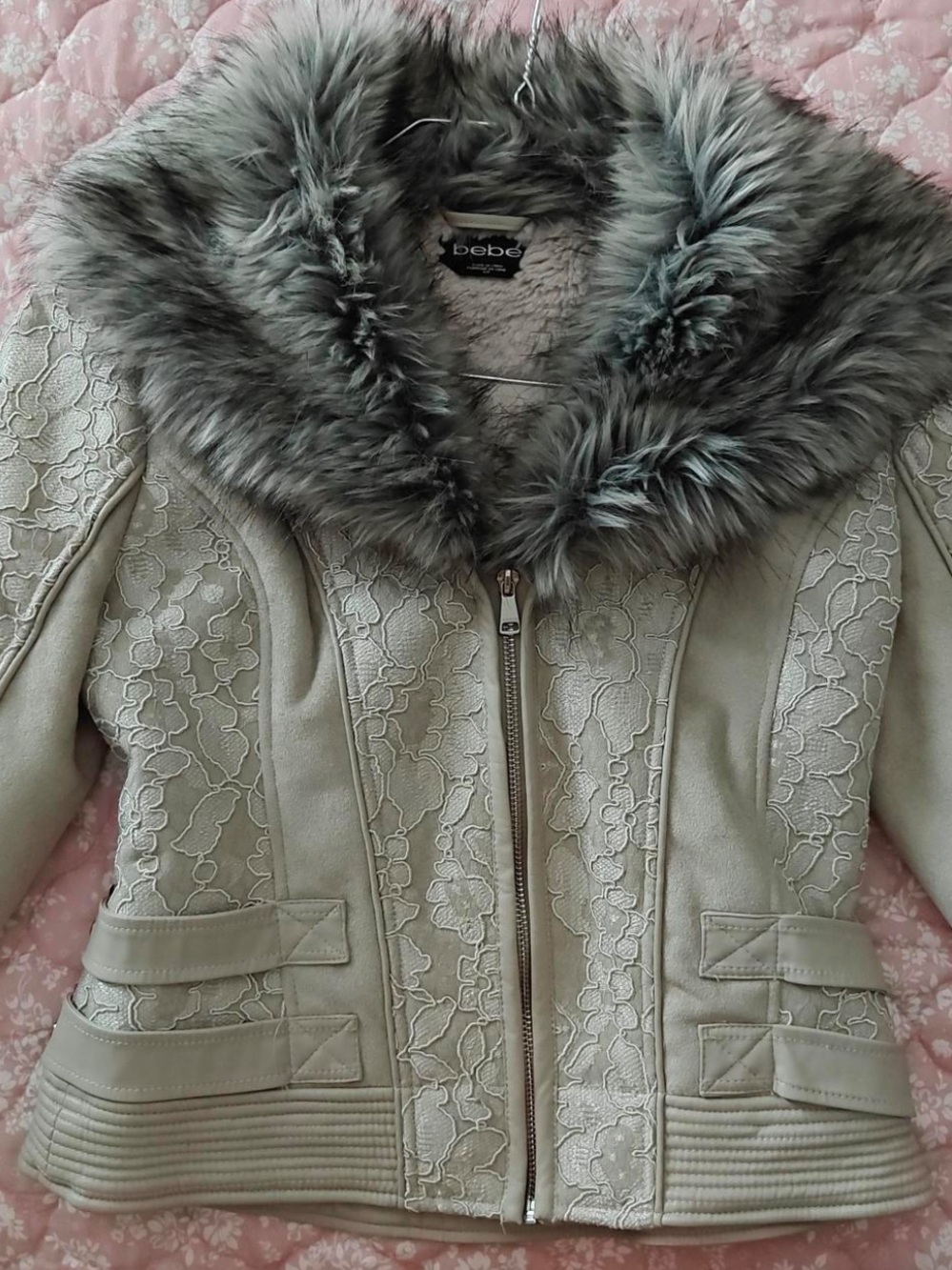 bebe Light Gray Faux Fur Collar Lace-Panel Leather Jacket